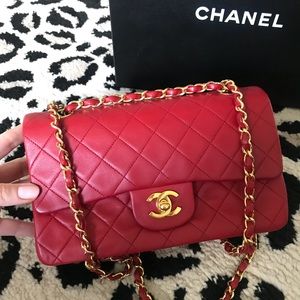 CHANEL Red and Gold Small Lambskin Flap Bag